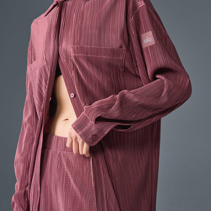 alo Women's Micro Plisse Shirt Dress - Burgundy Truffle