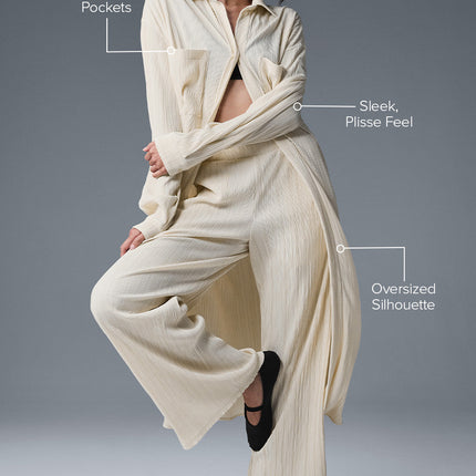 alo Women's Micro Plisse Shirt Dress - Oat Milk