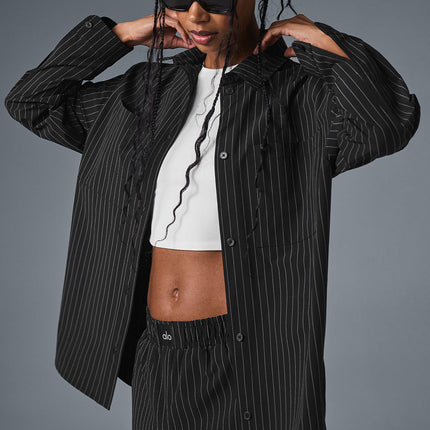 alo Women's Pinstripe Daylight Button Down Long Sleeve - Black/Titanium