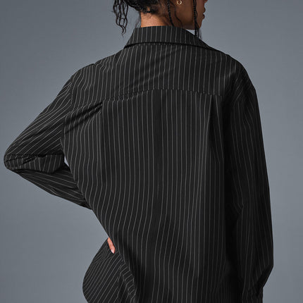 alo Women's Pinstripe Daylight Button Down Long Sleeve - Black/Titanium