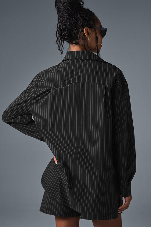 alo Women's Pinstripe Daylight Button Down Long Sleeve - Black/Titanium