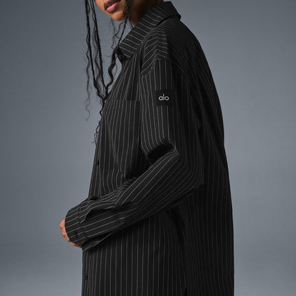 alo Women's Pinstripe Daylight Button Down Long Sleeve - Black/Titanium
