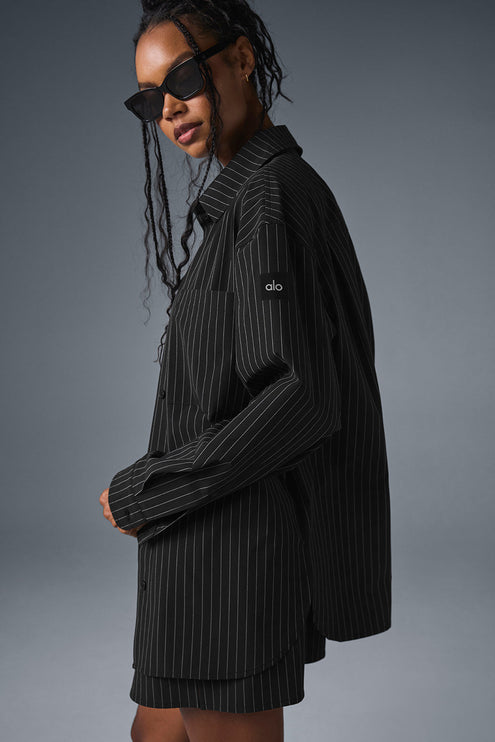 alo Women's Pinstripe Daylight Button Down Long Sleeve - Black/Titanium