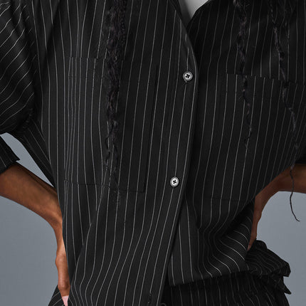 alo Women's Pinstripe Daylight Button Down Long Sleeve - Black/Titanium