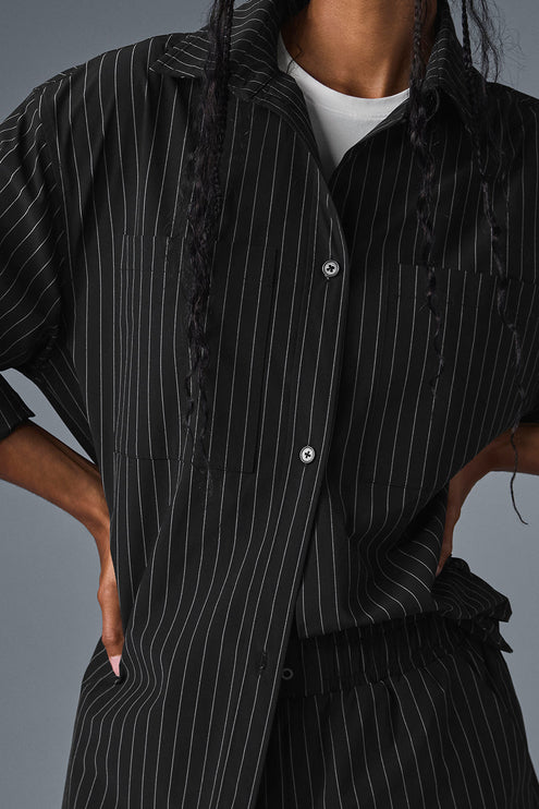 alo Women's Pinstripe Daylight Button Down Long Sleeve - Black/Titanium