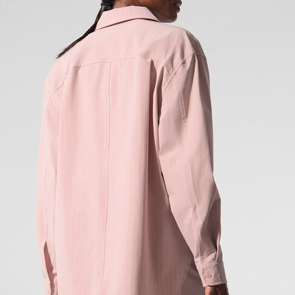 alo Women's Pinstripe Daylight Button Down Long Sleeve - Pink Quartz/Ivory