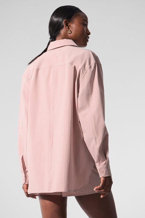 alo Women's Pinstripe Daylight Button Down Long Sleeve - Pink Quartz/Ivory