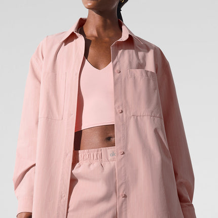 alo Women's Pinstripe Daylight Button Down Long Sleeve - Pink Quartz/Ivory