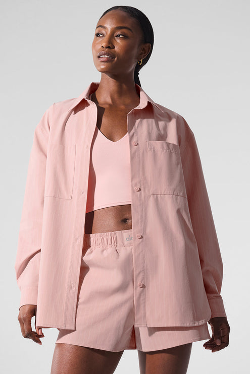 alo Women's Pinstripe Daylight Button Down Long Sleeve - Pink Quartz/Ivory