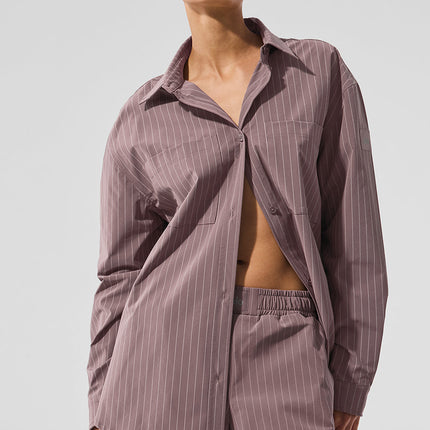 alo Women's Pinstripe Daylight Button Down Long Sleeve - Mushroom/Ivory