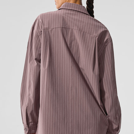 alo Women's Pinstripe Daylight Button Down Long Sleeve - Mushroom/Ivory