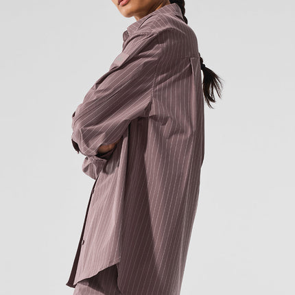 alo Women's Pinstripe Daylight Button Down Long Sleeve - Mushroom/Ivory