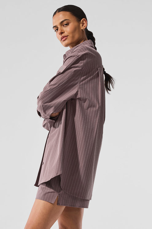 alo Women's Pinstripe Daylight Button Down Long Sleeve - Mushroom/Ivory