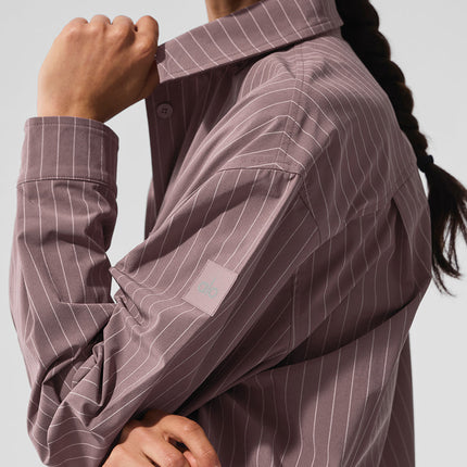 alo Women's Pinstripe Daylight Button Down Long Sleeve - Mushroom/Ivory