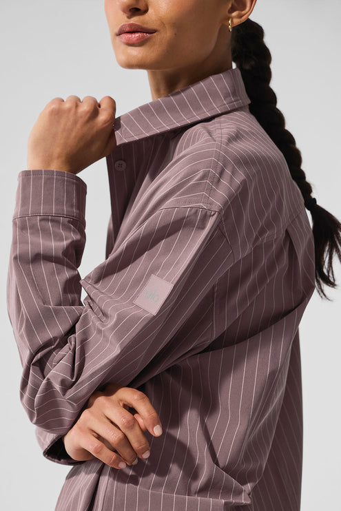 alo Women's Pinstripe Daylight Button Down Long Sleeve - Mushroom/Ivory