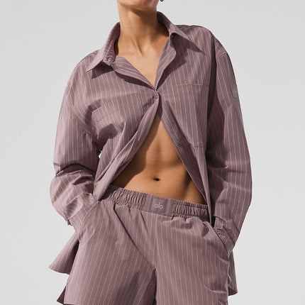 alo Women's Pinstripe Daylight Button Down Long Sleeve - Mushroom/Ivory