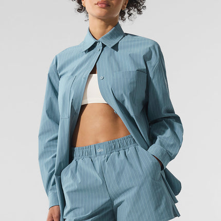 alo Women's Pinstripe Daylight Button Down Long Sleeve - Dark Celestial Blue/White