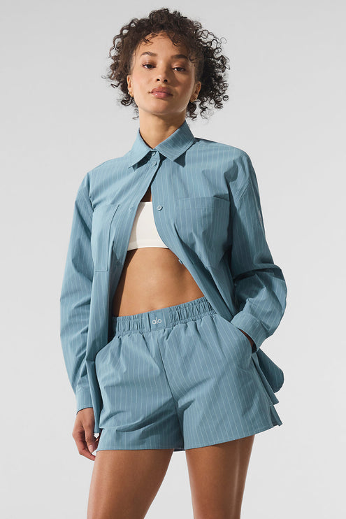 alo Women's Pinstripe Daylight Button Down Long Sleeve - Dark Celestial Blue/White