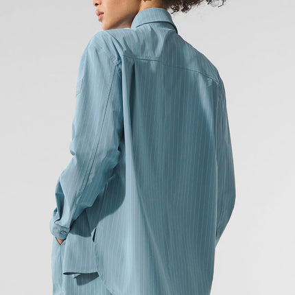 alo Women's Pinstripe Daylight Button Down Long Sleeve - Dark Celestial Blue/White