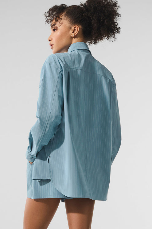 alo Women's Pinstripe Daylight Button Down Long Sleeve - Dark Celestial Blue/White