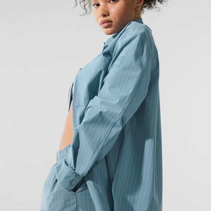 alo Women's Pinstripe Daylight Button Down Long Sleeve - Dark Celestial Blue/White