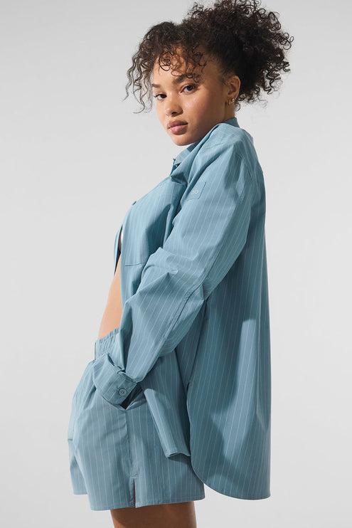 alo Women's Pinstripe Daylight Button Down Long Sleeve - Dark Celestial Blue/White