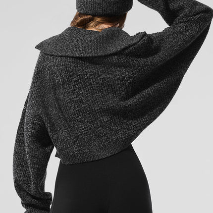alo Women's Marl Sweater 1/4 Zip Pullover - Black Marl