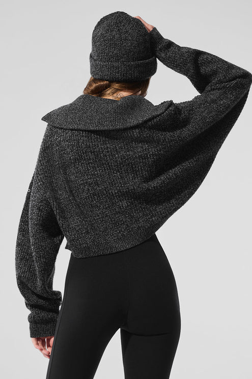 alo Women's Marl Sweater 1/4 Zip Pullover - Black Marl