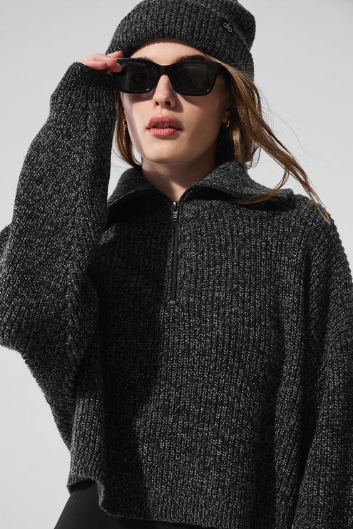 alo Women's Marl Sweater 1/4 Zip Pullover - Black Marl