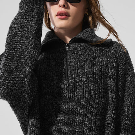 alo Women's Marl Sweater 1/4 Zip Pullover - Black Marl