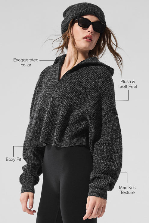alo Women's Marl Sweater 1/4 Zip Pullover - Black Marl
