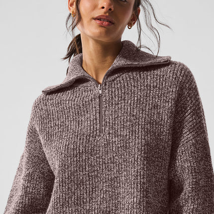 alo Women's Marl Sweater 1/4 Zip Pullover - Mushroom Marl