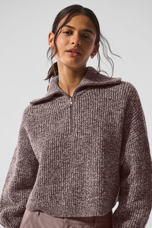 alo Women's Marl Sweater 1/4 Zip Pullover - Mushroom Marl