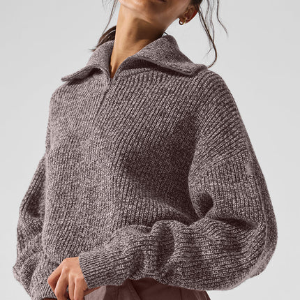 alo Women's Marl Sweater 1/4 Zip Pullover - Mushroom Marl