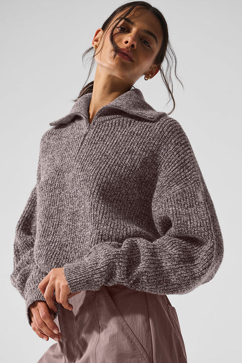 alo Women's Marl Sweater 1/4 Zip Pullover - Mushroom Marl