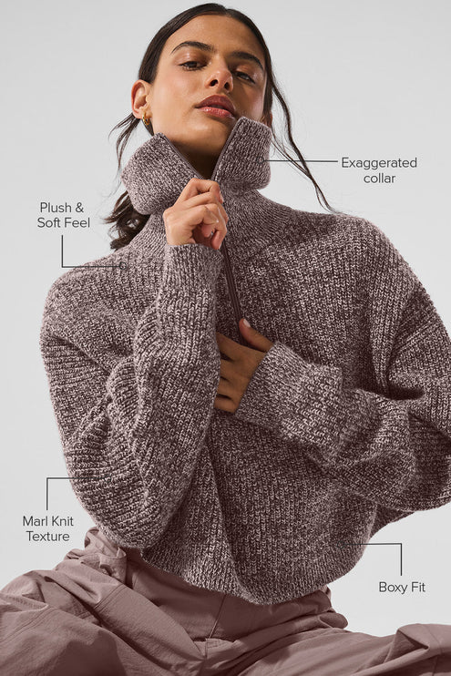 alo Women's Marl Sweater 1/4 Zip Pullover - Mushroom Marl