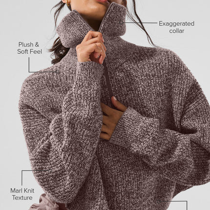 alo Women's Marl Sweater 1/4 Zip Pullover - Mushroom Marl