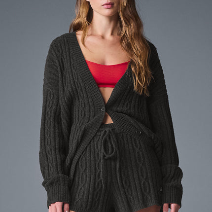 alo Women's Cable Knit Winter Bliss Cardigan - Dark Heather Grey