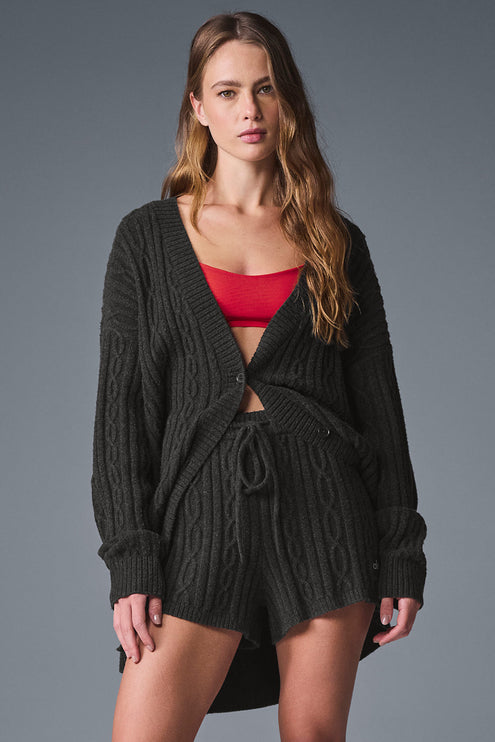 alo Women's Cable Knit Winter Bliss Cardigan - Dark Heather Grey