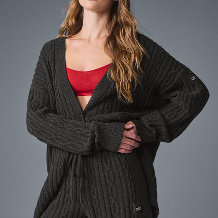 alo Women's Cable Knit Winter Bliss Cardigan - Dark Heather Grey