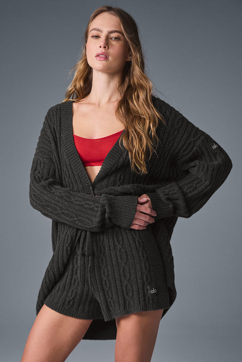 alo Women's Cable Knit Winter Bliss Cardigan - Dark Heather Grey