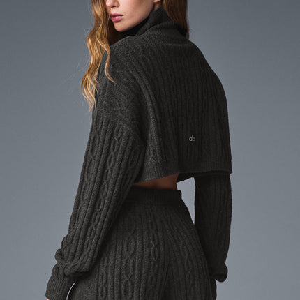 alo Women's Cable Knit Cropped Winter Bliss Turtleneck Long Sleeve - Dark Heather Grey