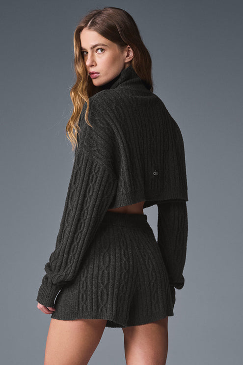 alo Women's Cable Knit Cropped Winter Bliss Turtleneck Long Sleeve - Dark Heather Grey
