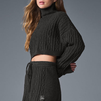 alo Women's Cable Knit Cropped Winter Bliss Turtleneck Long Sleeve - Dark Heather Grey