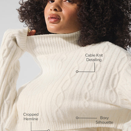 alo Women's Cable Knit Cropped Winter Bliss Turtleneck Long Sleeve - Ivory