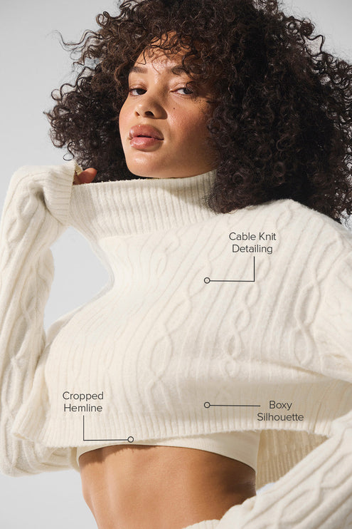 alo Women's Cable Knit Cropped Winter Bliss Turtleneck Long Sleeve - Ivory