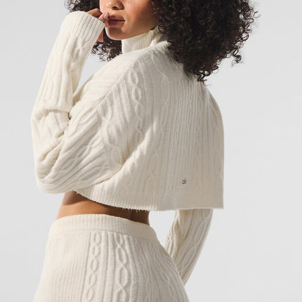 alo Women's Cable Knit Cropped Winter Bliss Turtleneck Long Sleeve - Ivory
