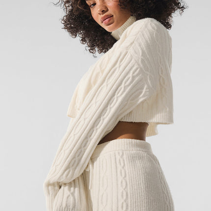 alo Women's Cable Knit Cropped Winter Bliss Turtleneck Long Sleeve - Ivory