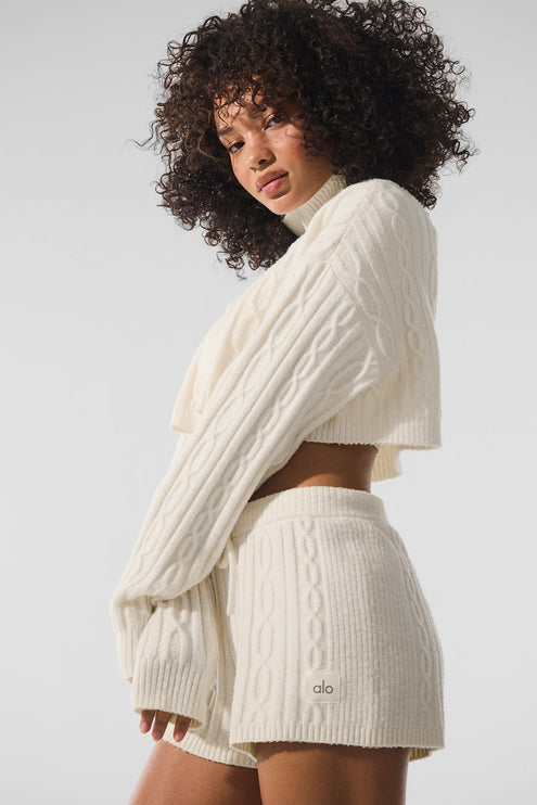 alo Women's Cable Knit Cropped Winter Bliss Turtleneck Long Sleeve - Ivory