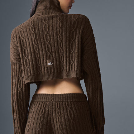 alo Women's Cable Knit Cropped Winter Bliss Turtleneck Long Sleeve - Espresso